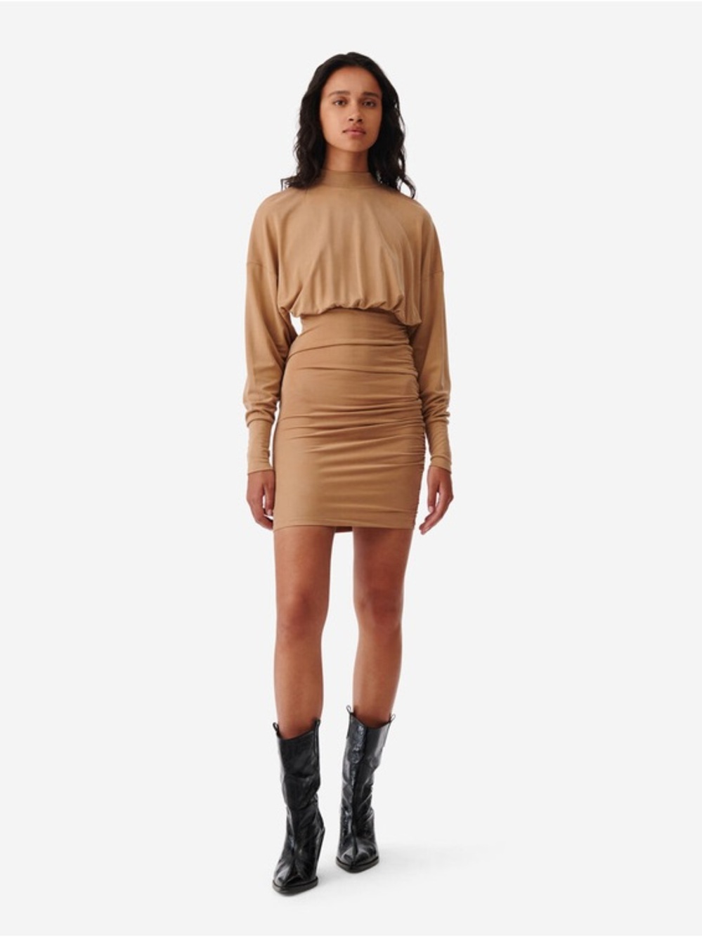 IRO Viggo Dress camel tan rouched long‎ sleeve western southwestern festival m